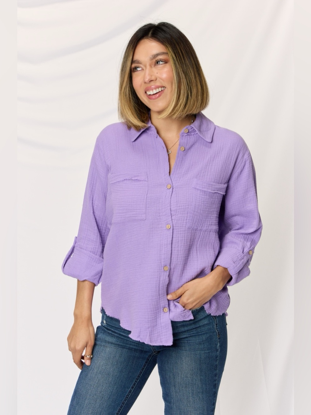 Zenana Texture Button Up Raw Hem Long Sleeve Shirt